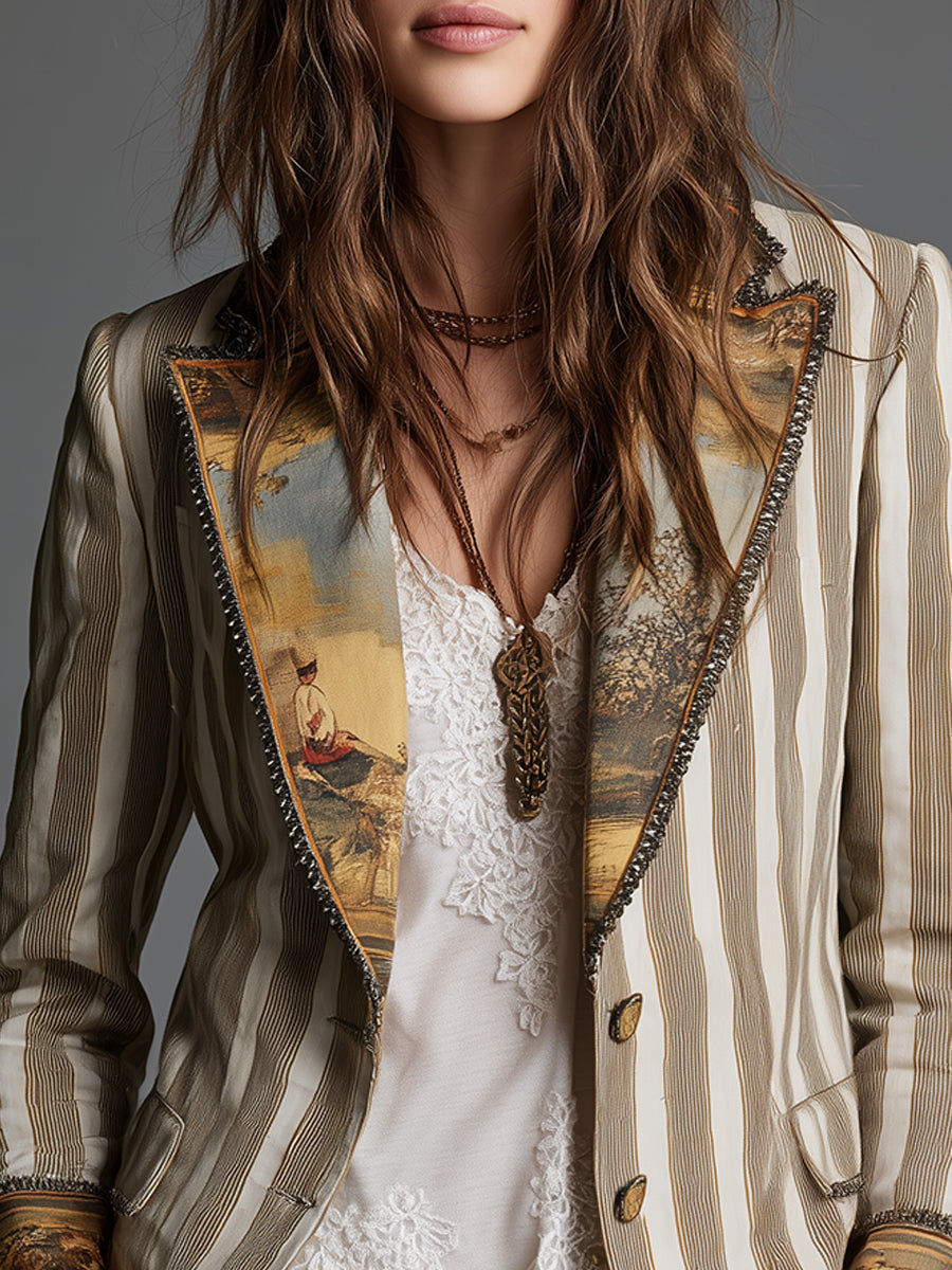 Sarah | Boho Striped Printed Lapel Blazer