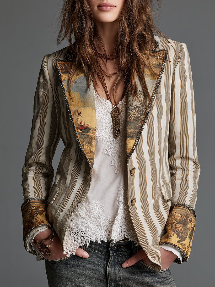 Sarah | Boho Striped Printed Lapel Blazer