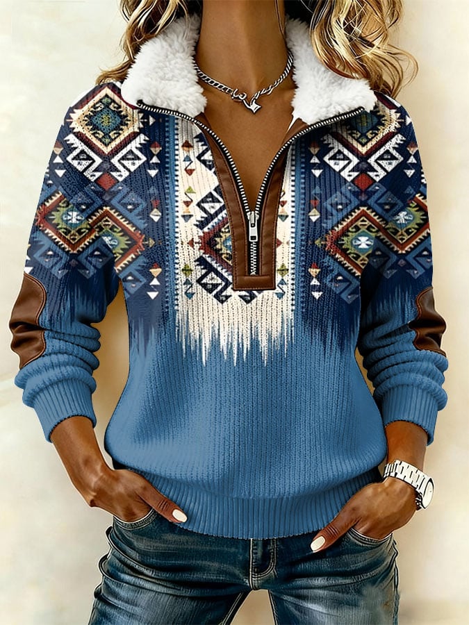 Women's Casual Retro Print Patchwork Fur Collar Long Sleeve Sweatshirt