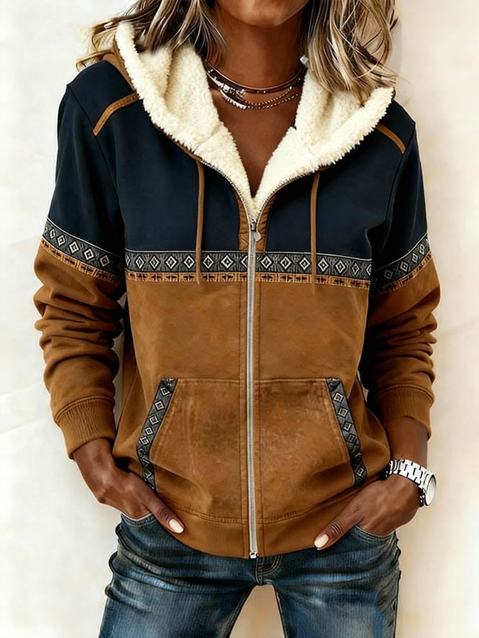 Women's Casual Hooded Color Block Jacket